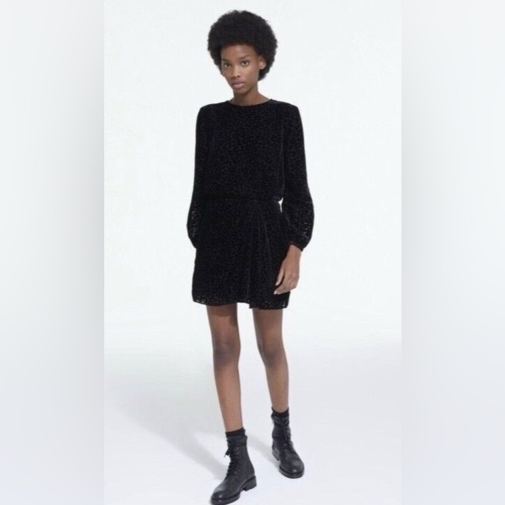 NWT Express Black Velvet Leopard Print Dress Puff Sleeve Womens Size Medium